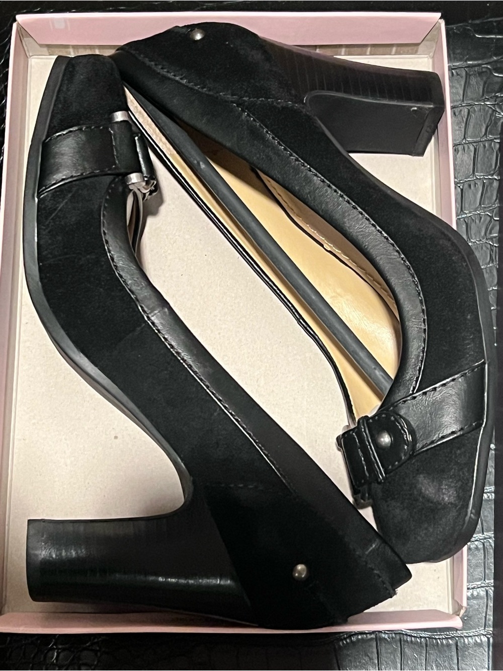 Bandolino Black Suede Block Heel Pumps with Strap Detail